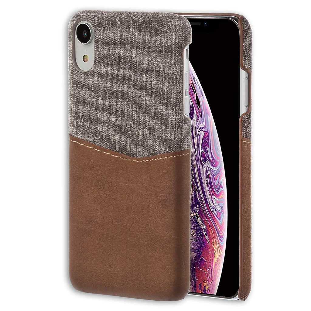 Lilware Card Wallet Plastic Phone Case for Apple iPhone XR. Fabric Texture and PU Leather Protective Cover with ID / Credit Card Slot Holder. Brown
