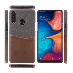 Lilware Card Wallet Plastic Phone Case Compatible with Samsung Galaxy A20S. Fabric Texture and PU Leather Protective Cover with ID / Credit Card Slot Holder. Brown