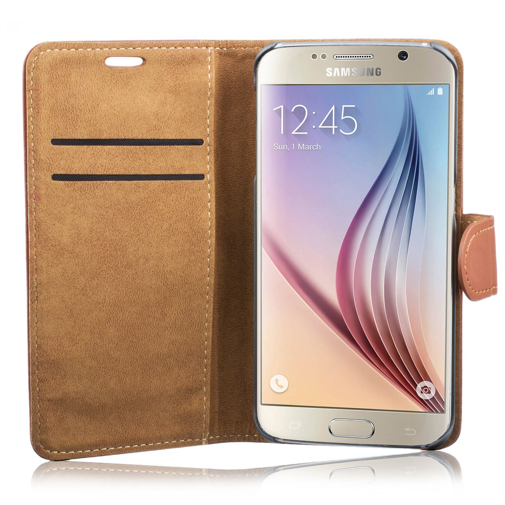 Xcessor Flip Open Leather PU Plastic Case for Samsung Galaxy S6 SM-G920. Wallet Portfolio Stand With Magnetic Close System. Brown