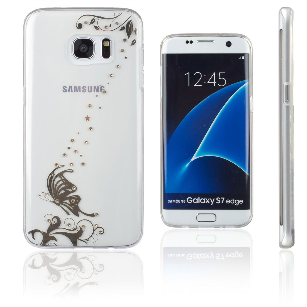 Xcessor Golden Butterfly Glossy Flexible TPU case for Samsung Galaxy S7 Edge SM-G935. Transparent / Golden Color