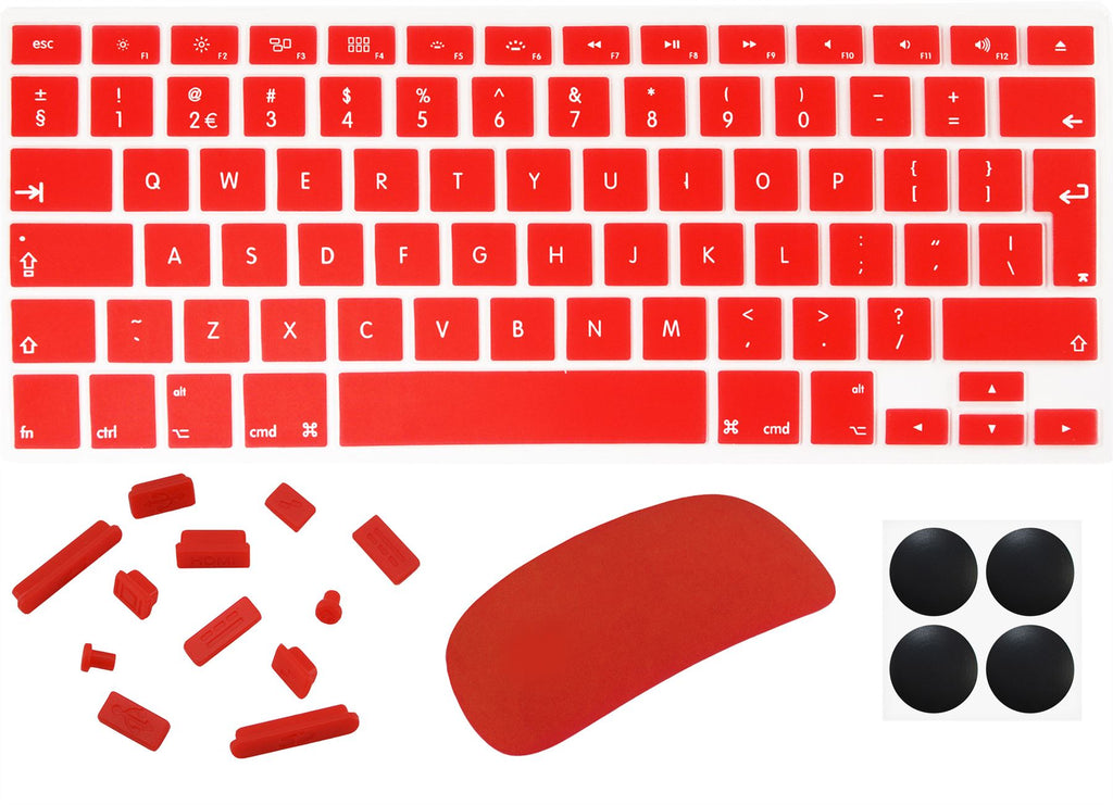 4 in 1 Lilware Accessory Kit for Apple MacBook Air 13?. Set of Keyboard Cover (Compatible Also with MacBook Pro 13.3” and 15.4“ Retina) + Magic Mouse Softskin Protector + Anti Dust Plugs + 4 Pack Replacement Rubber Feet. Red