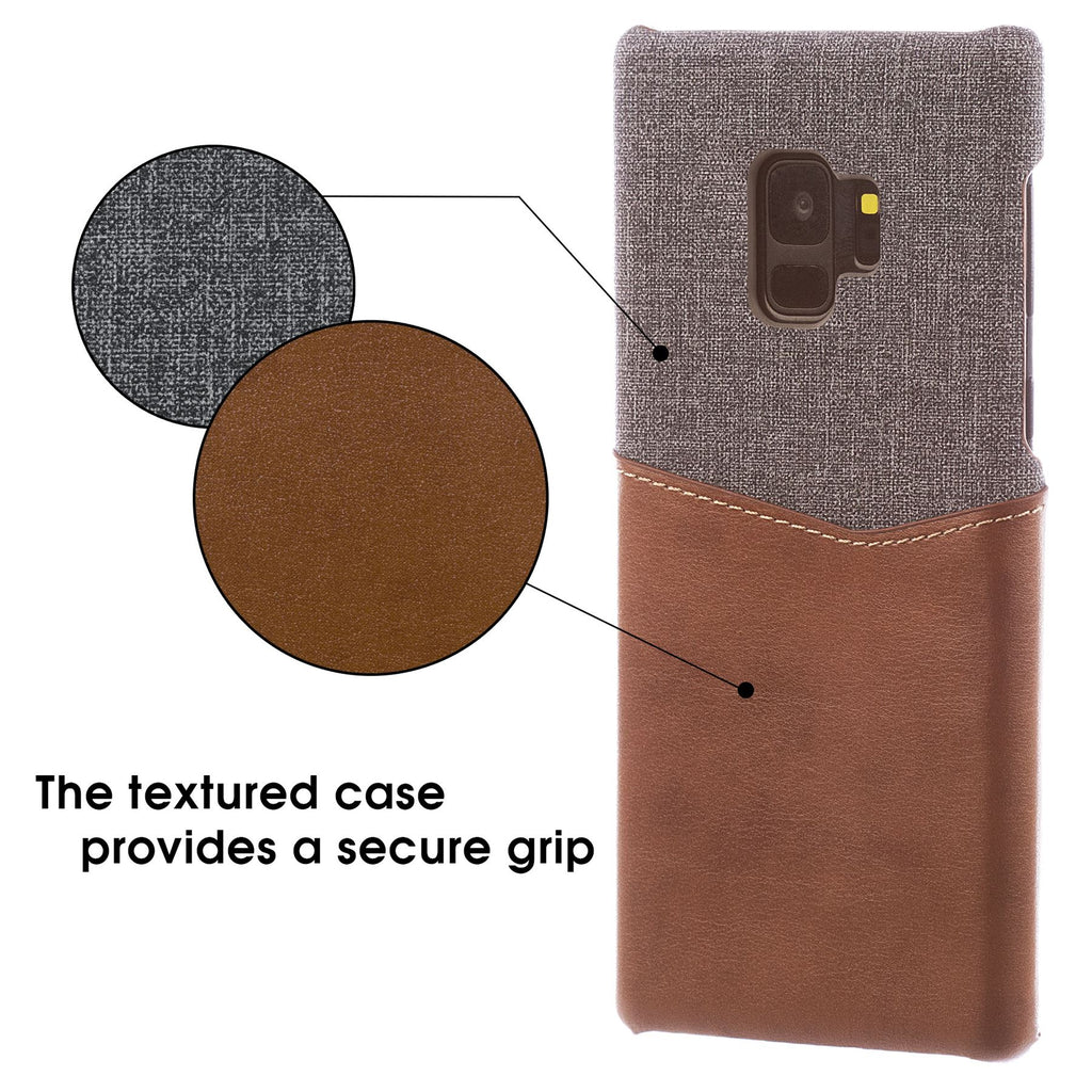 Lilware Card Wallet Plastic Phone Case for Samsung Galaxy S9. Fabric Texture and PU Leather Protective Cover with ID / Credit Card Slot Holder. Brown