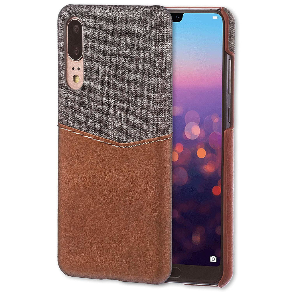 Lilware Card Wallet Plastic Phone Case Compatible with Huawei P20. Fabric Texture and PU Leather Protective Cover with ID / Credit Card Slot Holder. Brown
