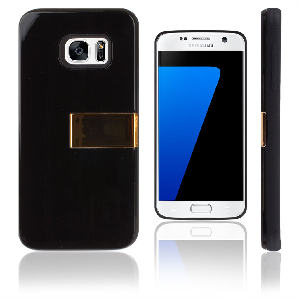 Lilware Armor Hard Plastic Case for Samsung Galaxy S7. Glossy Dual Layer Protective Cover With Kickstand and Credit / Business Card Secret Slot. Black