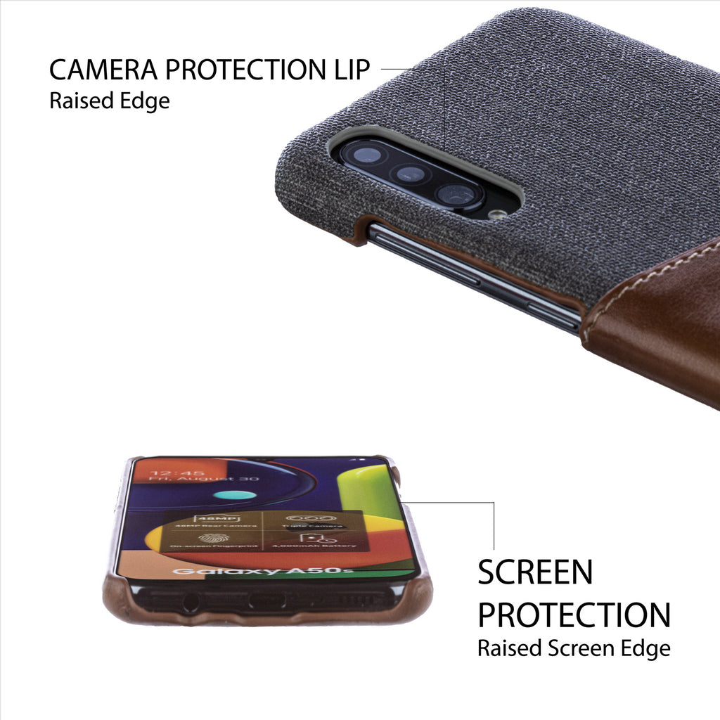 Lilware Card Wallet Plastic Phone Case Compatible with Samsung Galaxy A50/A50S. Fabric Texture and PU Leather Protective Cover with ID / Credit Card Slot Holder. Brown