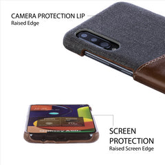 Lilware Card Wallet Plastic Phone Case Compatible with Samsung Galaxy A50/A50S. Fabric Texture and PU Leather Protective Cover with ID / Credit Card Slot Holder. Brown