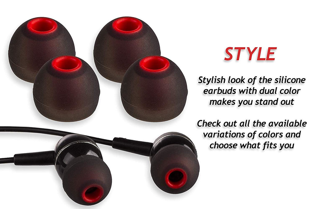 Xcessor (S/M/L) 6 Pairs (12 Pieces) of Silicone Replacement In Ear Earphone S/M/L Size Earbuds. Bicolor. Black / Red