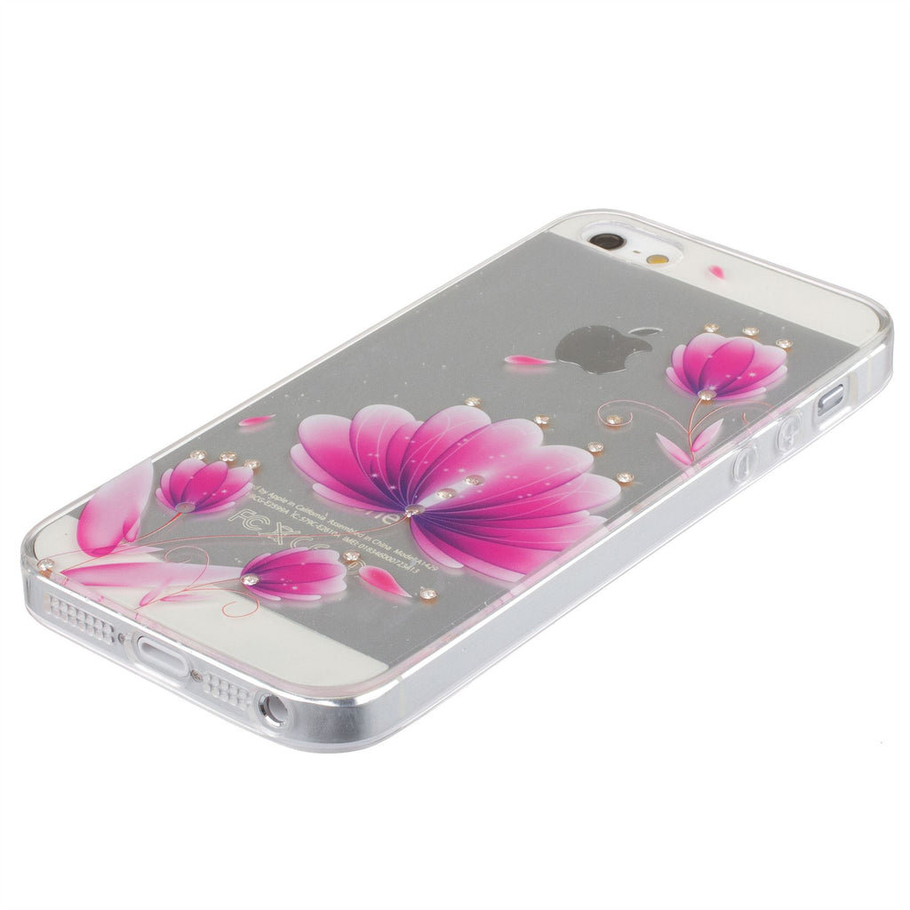 Xcessor Pink Flower Glossy Flexible TPU case for Apple iPhone SE / 5 / 5S. Transparent / Pink