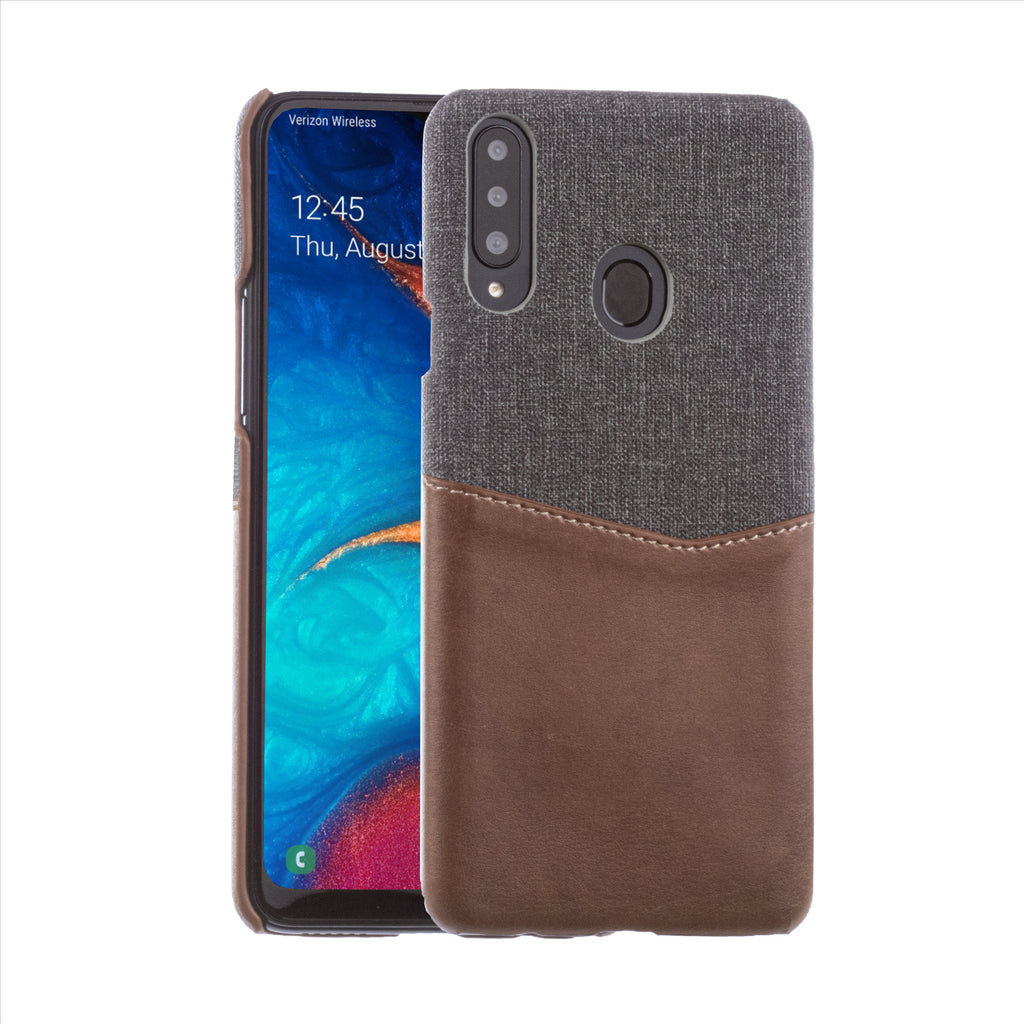 Lilware Card Wallet Plastic Phone Case Compatible with Samsung Galaxy A20S. Fabric Texture and PU Leather Protective Cover with ID / Credit Card Slot Holder. Brown