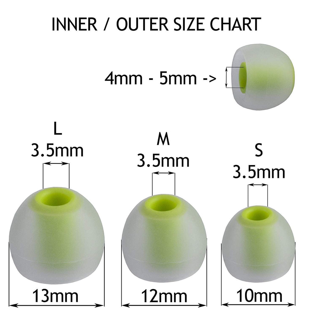 Xcessor (S) 7 Pairs (14 Pieces) of Silicone Replacement In Ear Earphone Small Size Earbuds. Bicolor. Transparent / Green