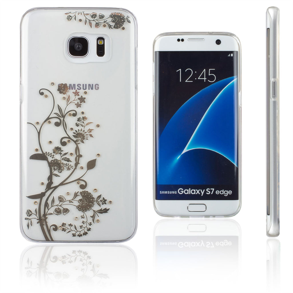 Xcessor Golden Flowers Glossy Flexible TPU case for Samsung Galaxy S7 Edge SM-G935. Transparent / Golden Color