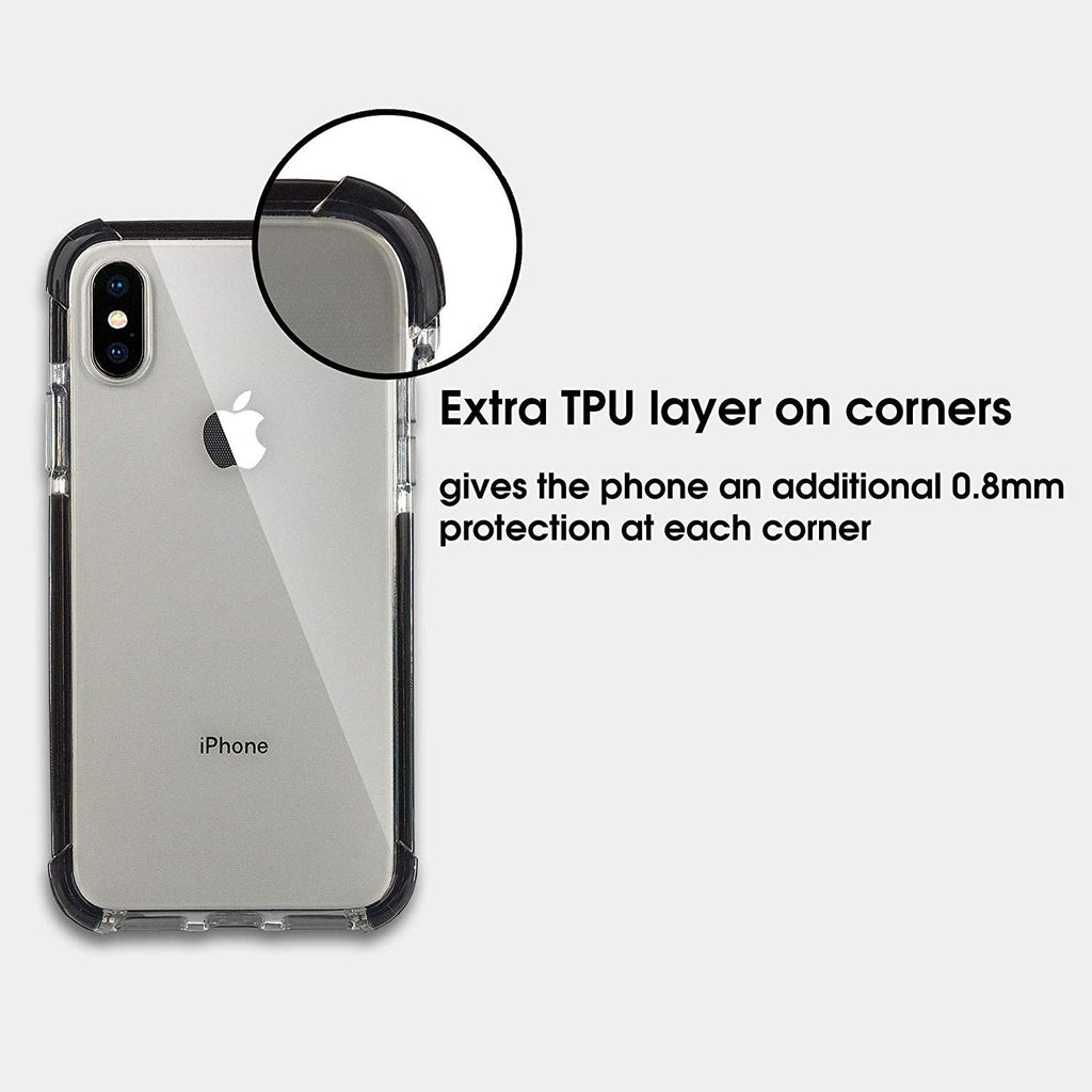 Xcessor Clear Hybrid TPU Phone Case for Apple iPhone X / iPhone XS. With Shock Absorbing Rubber Layer on the Edges and Reinforced Corners. Clear / Black