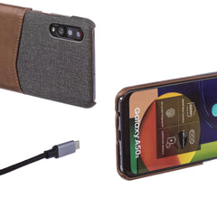 Lilware Card Wallet Plastic Phone Case Compatible with Samsung Galaxy A50/A50S. Fabric Texture and PU Leather Protective Cover with ID / Credit Card Slot Holder. Brown