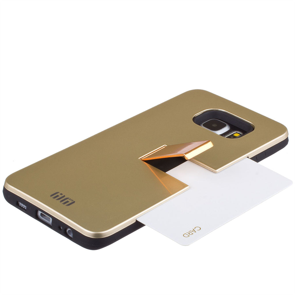 Lilware Armor Hard Plastic Case for Samsung Galaxy S6 edge+ SM-G928A. Glossy Dual Layer Protective Cover With Kickstand and Credit / Business Card Secret Slot. Golden Color