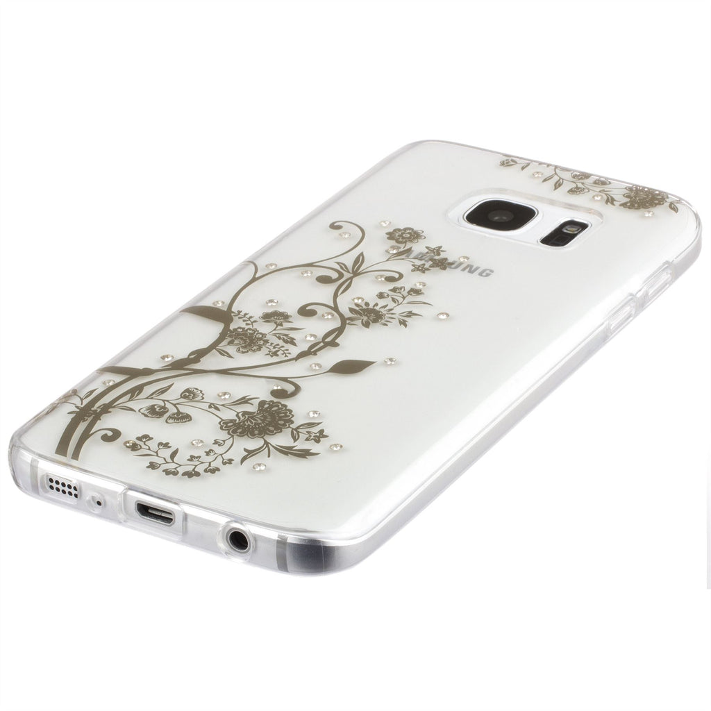 Xcessor Golden Flowers Glossy Flexible TPU case for Samsung Galaxy S7 SM-G930. Transparent / Golden Color