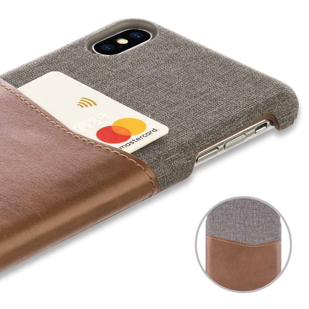 Lilware Card Wallet Plastic Phone Case for Apple iPhone XS. Fabric Texture and PU Leather Protective Cover with ID / Credit Card Slot Holder. Brown