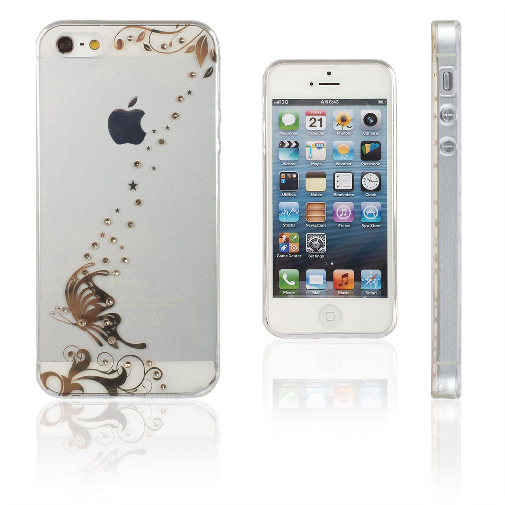 Xcessor Golden Butterfly Glossy Flexible TPU case for Apple iPhone SE / 5 / 5S. Transparent / Golden Color