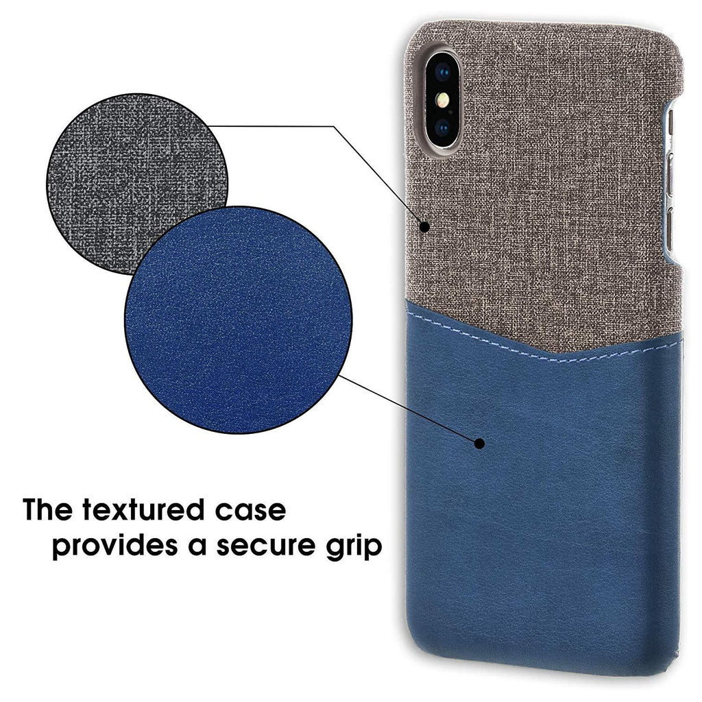 Lilware Card Wallet Plastic Phone Case for Apple iPhone XS Max. Fabric Texture and PU Leather Protective Cover with ID / Credit Card Slot Holder. Blue