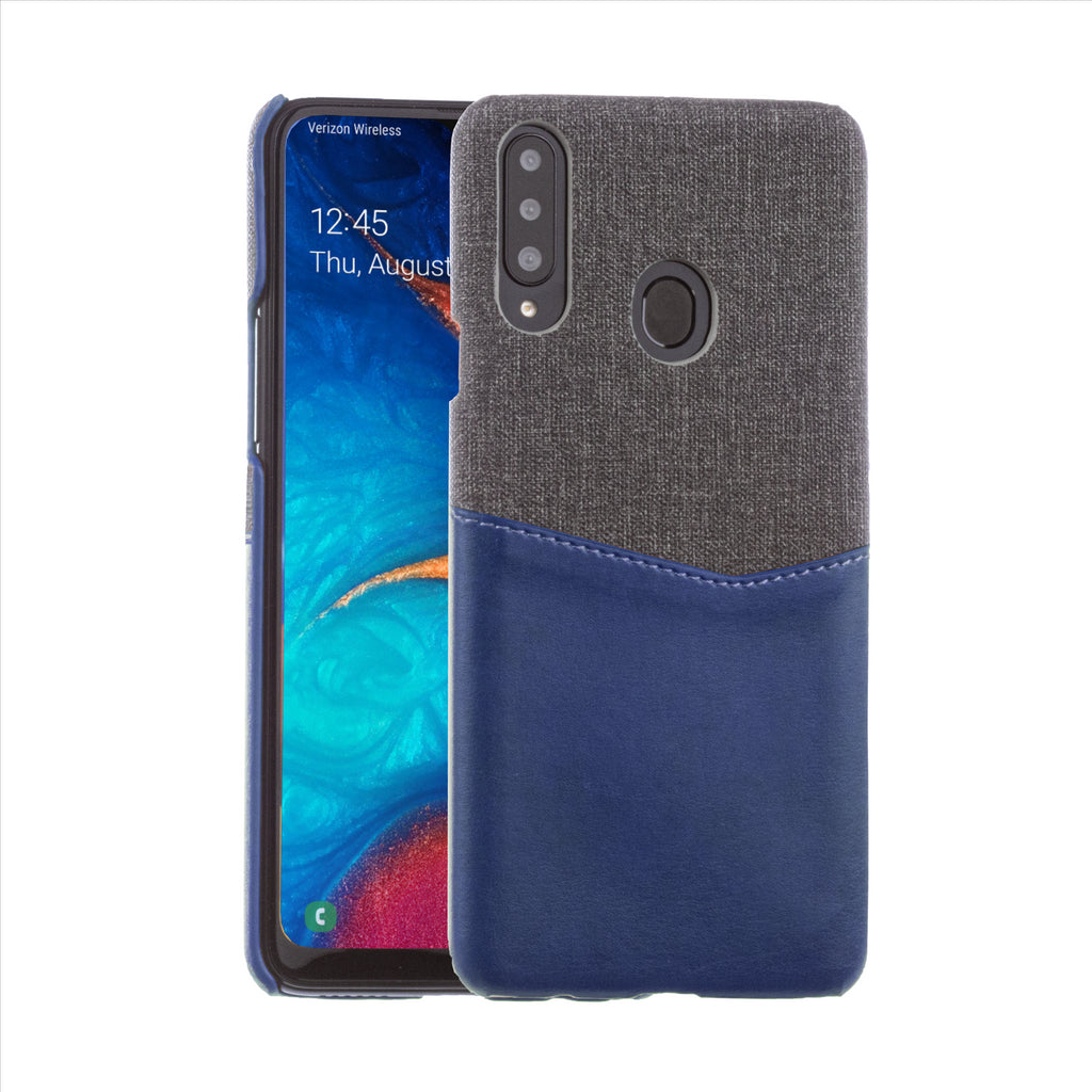 Lilware Card Wallet Plastic Phone Case Compatible with Samsung Galaxy A20S. Fabric Texture and PU Leather Protective Cover with ID / Credit Card Slot Holder. Blue