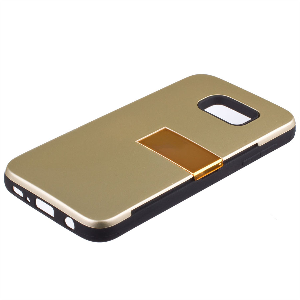 Lilware Armor Hard Plastic Case for Samsung Galaxy S7. Glossy Dual Layer Protective Cover With Kickstand and Credit / Business Card Secret Slot. Golden Color