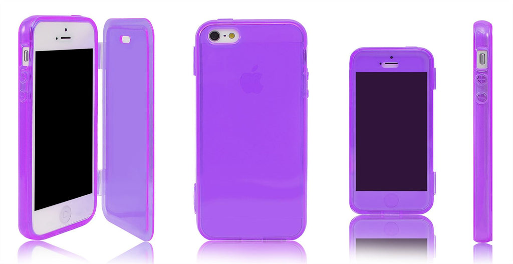 Xcessor Flip Open TPU Gel Case For Apple iPhone 5 and 5S. Back and Front Protection. Purple / Transparent
