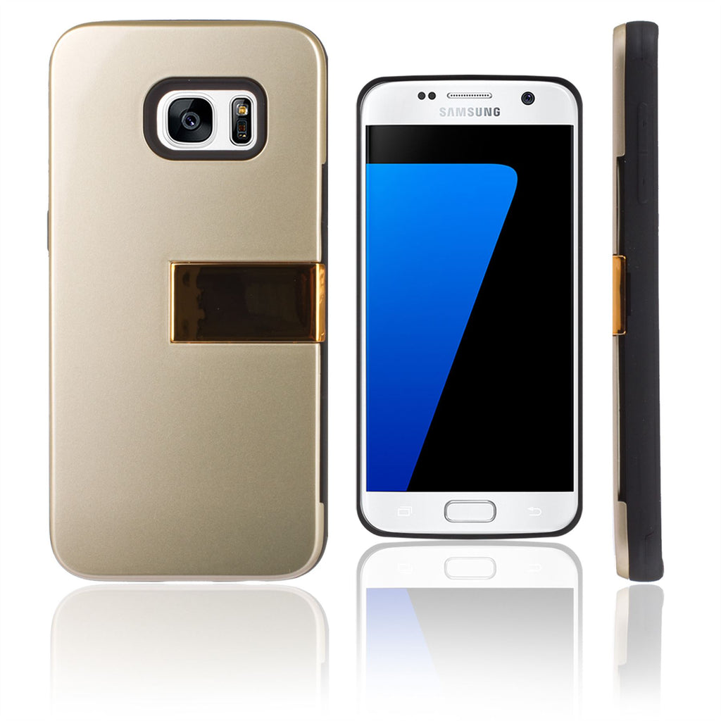 Lilware Armor Hard Plastic Case for Samsung Galaxy S7. Glossy Dual Layer Protective Cover With Kickstand and Credit / Business Card Secret Slot. Golden Color