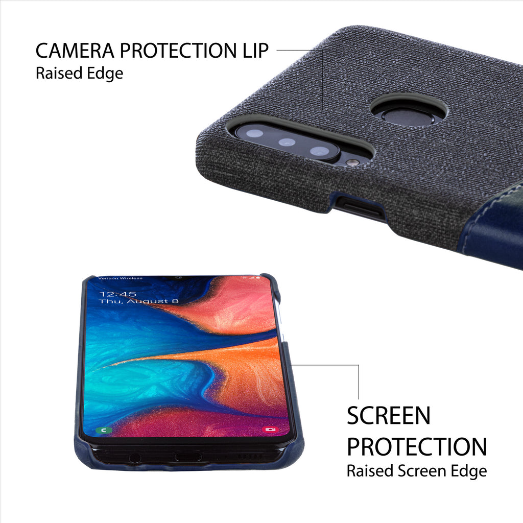 Lilware Card Wallet Plastic Phone Case Compatible with Samsung Galaxy A20S. Fabric Texture and PU Leather Protective Cover with ID / Credit Card Slot Holder. Blue