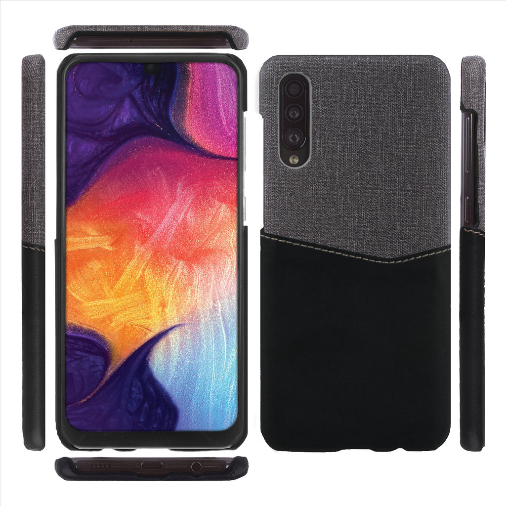 Lilware Card Wallet Plastic Phone Case Compatible with Samsung Galaxy A50/A50S. Fabric Texture and PU Leather Protective Cover with ID / Credit Card Slot Holder. Black