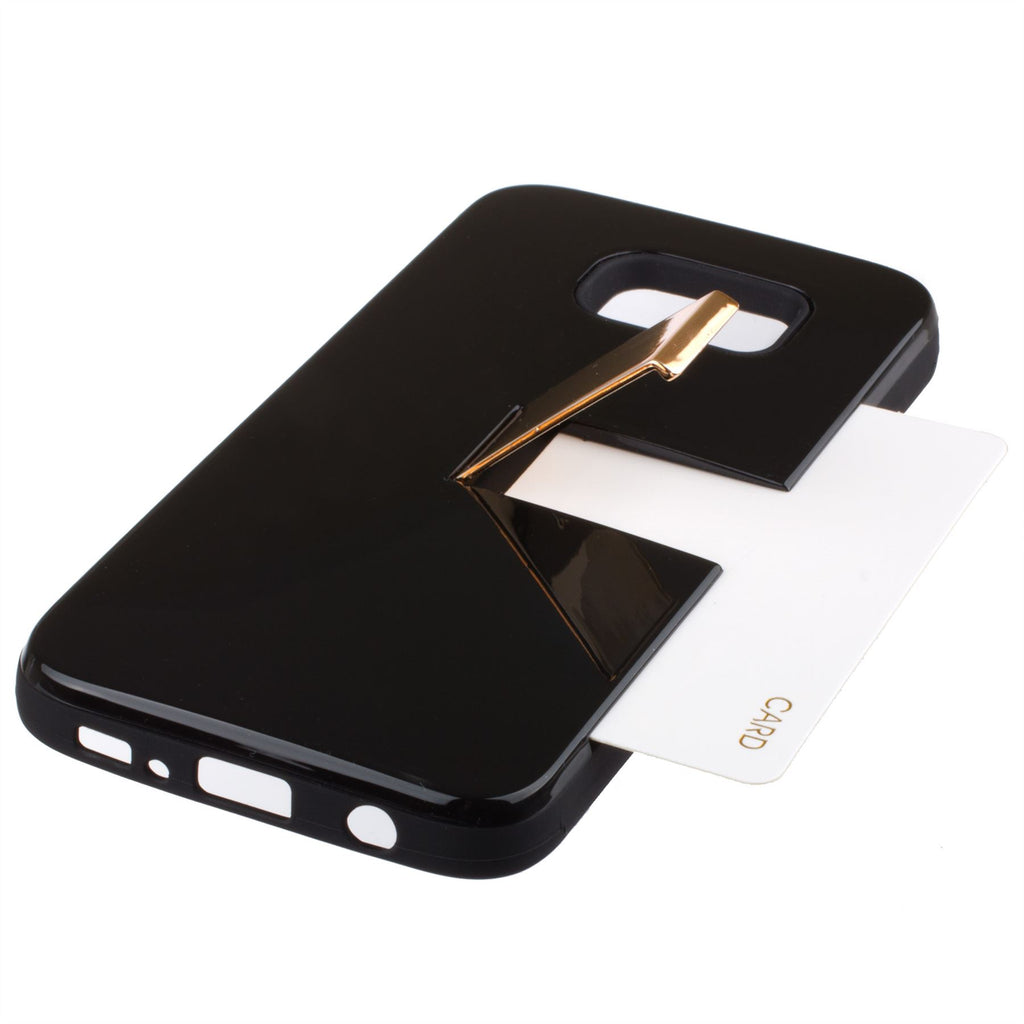 Lilware Armor Hartplastikhülle für Samsung Galaxy S7. Glänzende, zweilagige Schutzhülle mit Ständer und geheimem Fach für Kredit-/Visitenkarten. Schwarz
