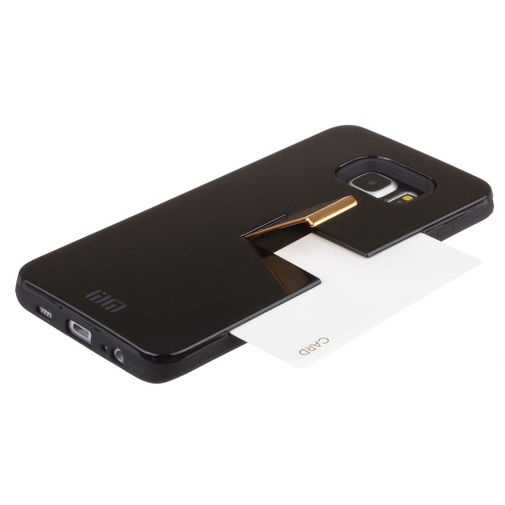 Lilware Armor Hard Plastic Case for Samsung Galaxy S6 edge+ SM-G928A. Glossy Dual Layer Protective Cover With Kickstand and Credit / Business Card Secret Slot. Black