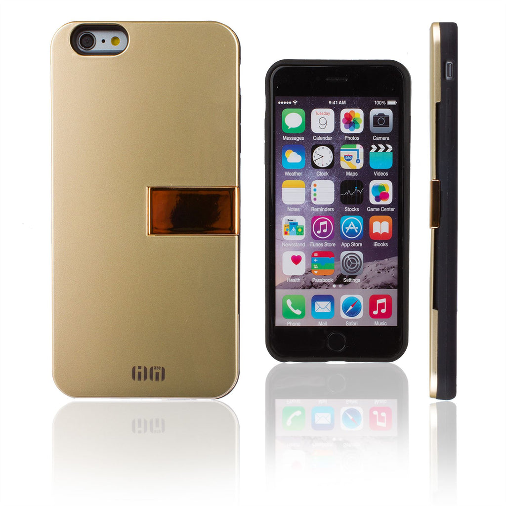 Lilware Armor Hard Plastic Case for Apple iPhone 6 Plus and 6S Plus. Glossy Dual Layer Protective Cover With Kickstand and Credit / Business Card Secret Slot. Golden Color