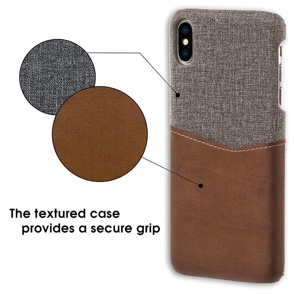 Lilware Card Wallet Plastic Phone Case for Apple iPhone XS. Fabric Texture and PU Leather Protective Cover with ID / Credit Card Slot Holder. Brown