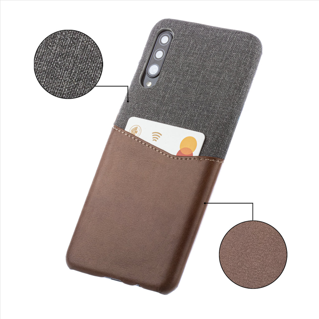 Lilware Card Wallet Plastic Phone Case Compatible with Samsung Galaxy A50/A50S. Fabric Texture and PU Leather Protective Cover with ID / Credit Card Slot Holder. Brown