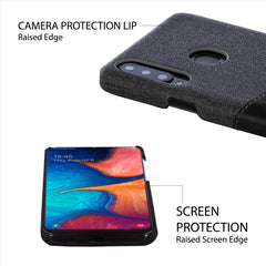 Lilware Card Wallet Plastic Phone Case Compatible with Samsung Galaxy A20S. Fabric Texture and PU Leather Protective Cover with ID / Credit Card Slot Holder. Black