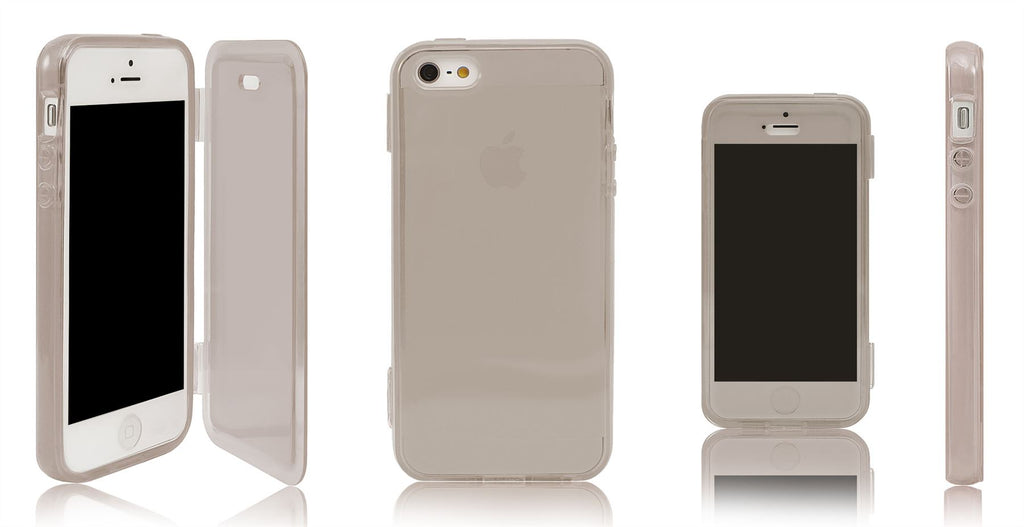 Xcessor Flip Open TPU Gel Hülle für Apple iPhone 5 und 5S. Schutz für Vorder- und Rückseite. Grau / Transparent