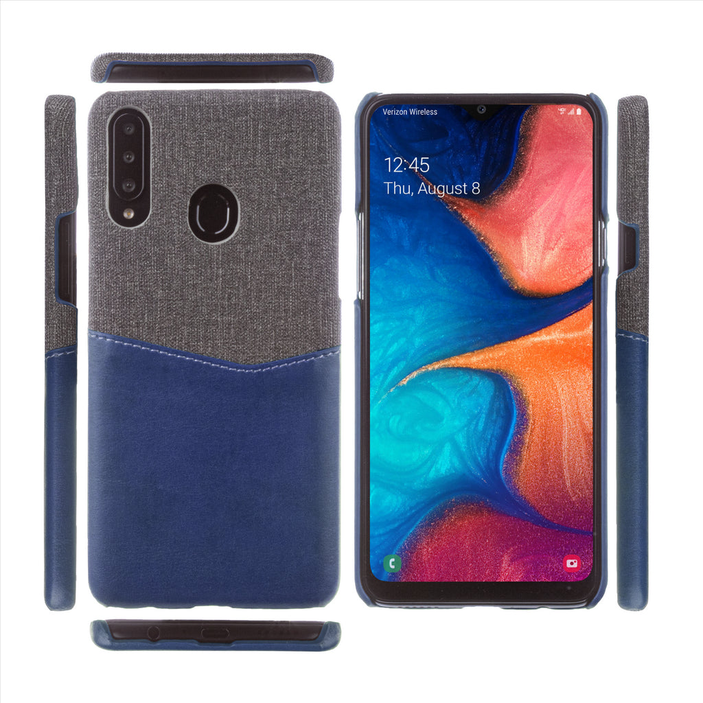 Lilware Card Wallet Plastic Phone Case Compatible with Samsung Galaxy A20S. Fabric Texture and PU Leather Protective Cover with ID / Credit Card Slot Holder. Blue