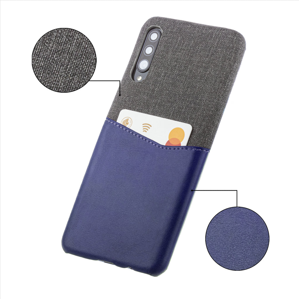 Lilware Card Wallet Plastic Phone Case Compatible with Samsung Galaxy A50/A50S. Fabric Texture and PU Leather Protective Cover with ID / Credit Card Slot Holder. Blue