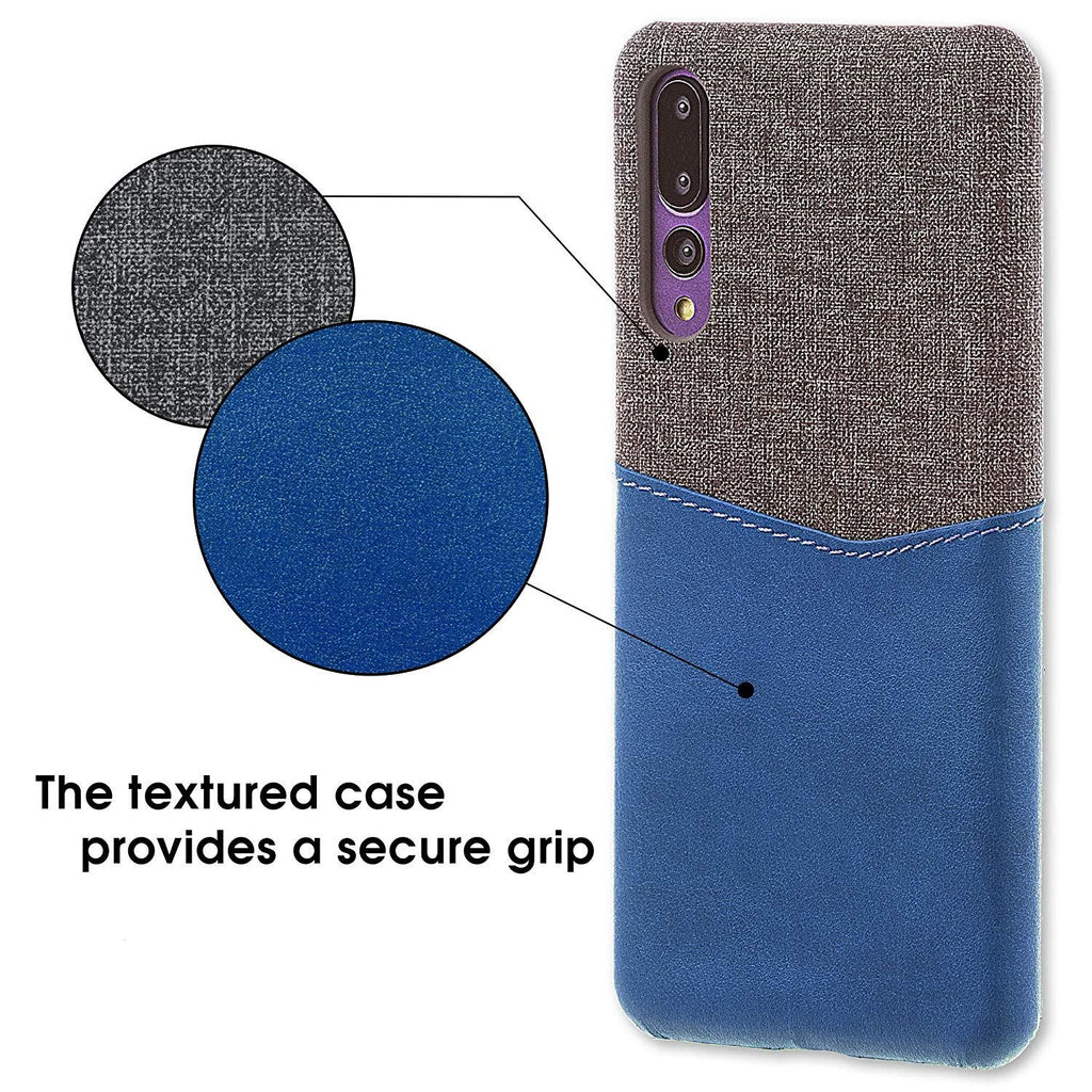Lilware Card Wallet Plastic Phone Case Compatible with Huawei P20 Pro. Fabric Texture and PU Leather Protective Cover with ID / Credit Card Slot Holder. Blue