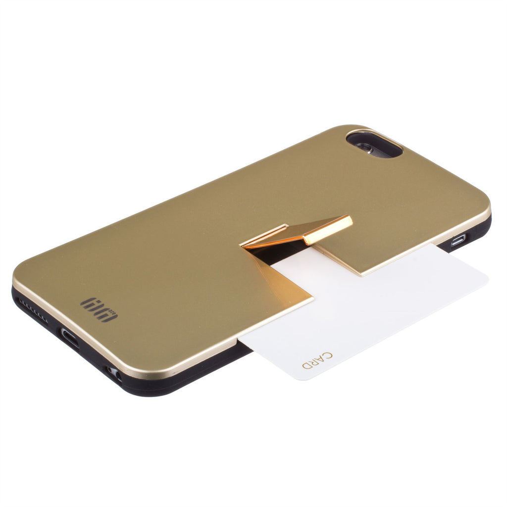 Lilware Armor Hard Plastic Case for Apple iPhone 6 Plus and 6S Plus. Glossy Dual Layer Protective Cover With Kickstand and Credit / Business Card Secret Slot. Golden Color