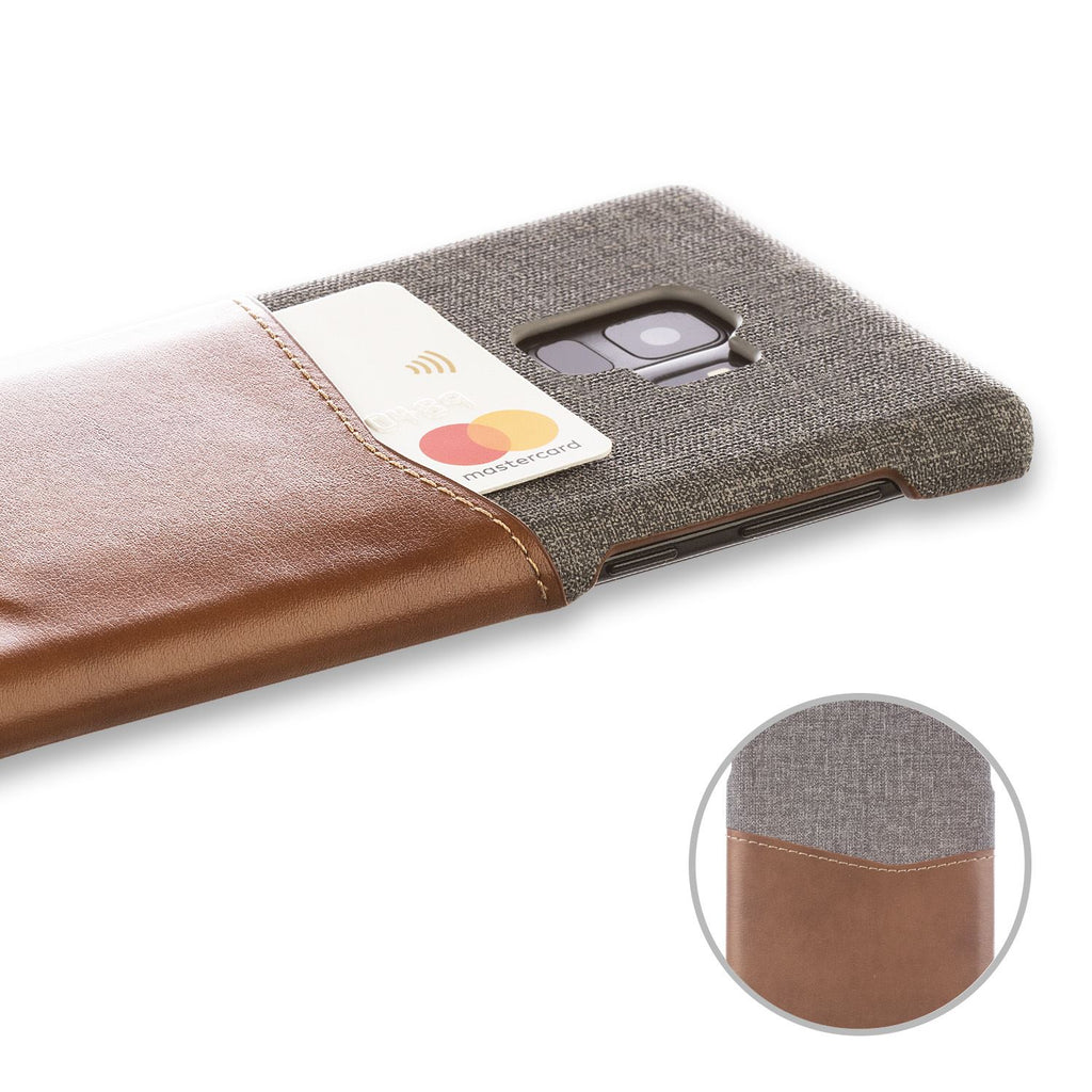 Lilware Card Wallet Plastic Phone Case for Samsung Galaxy S9. Fabric Texture and PU Leather Protective Cover with ID / Credit Card Slot Holder. Brown