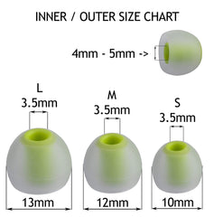 Xcessor (S/M/L) 6 Pairs (12 Pieces) of Silicone Replacement In Ear Earphone S/M/L Size Earbuds. Bicolor. Transparent / Green