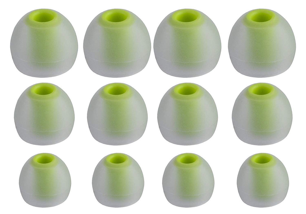 Xcessor (S/M/L) 6 Pairs (12 Pieces) of Silicone Replacement In Ear Earphone S/M/L Size Earbuds. Bicolor. Transparent / Green