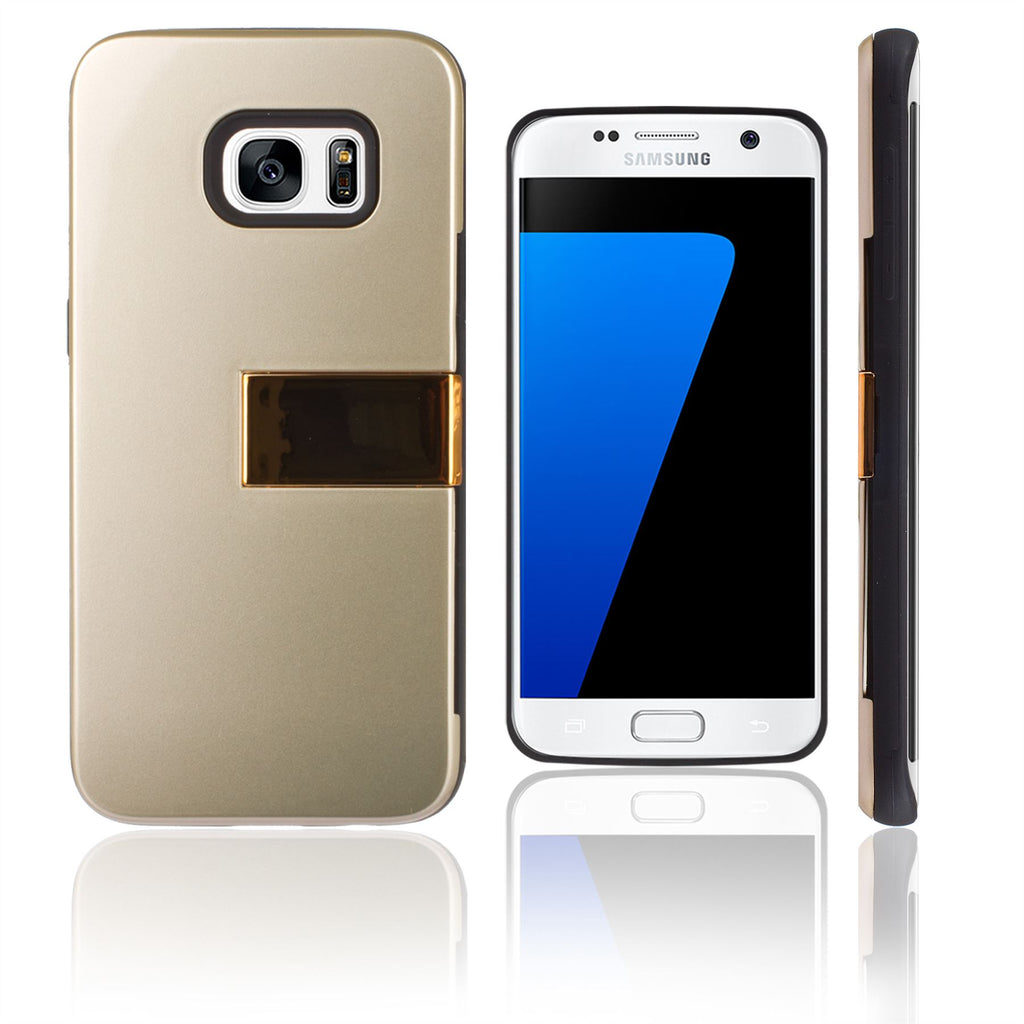 Lilware Armor Hard Plastic Case for Samsung Galaxy S7 edge. Glossy Dual Layer Protective Cover With Kickstand and Credit / Business Card Secret Slot. Golden Color