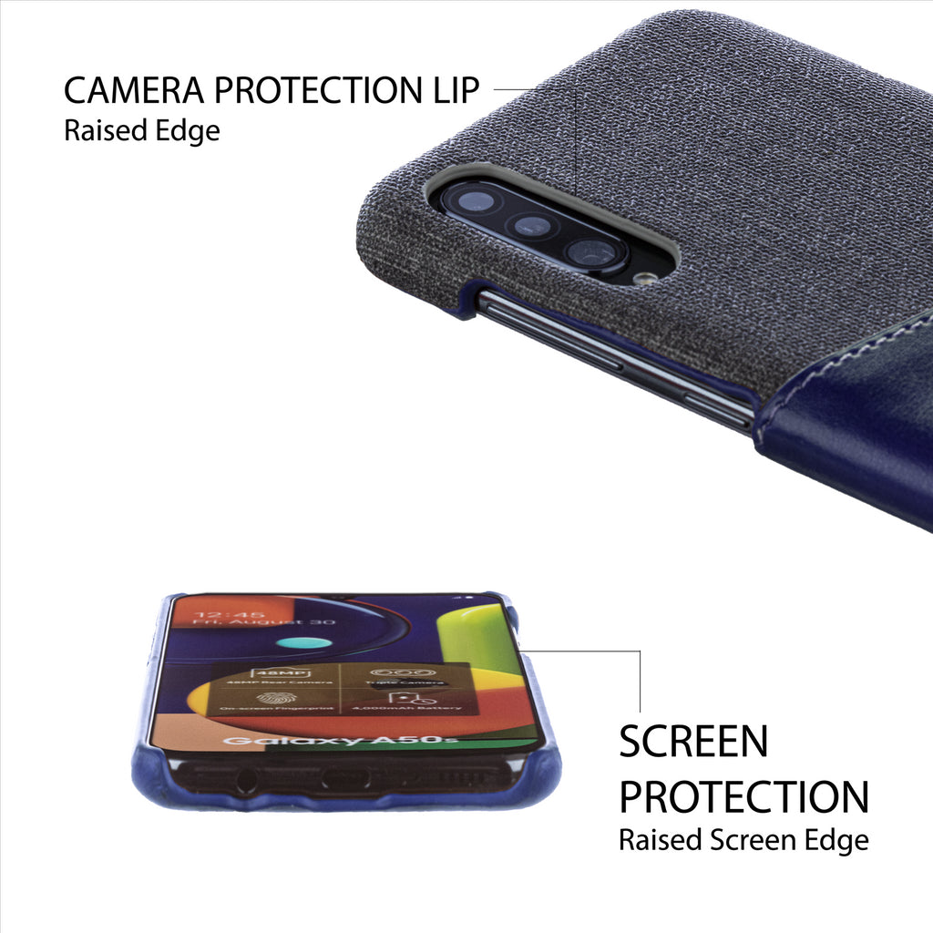 Lilware Card Wallet Plastic Phone Case Compatible with Samsung Galaxy A50/A50S. Fabric Texture and PU Leather Protective Cover with ID / Credit Card Slot Holder. Blue